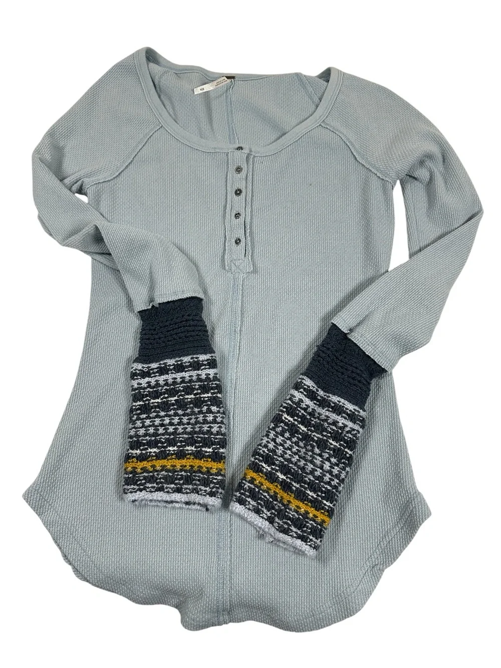 Y2K Free People Ski Lodge Cuff Thermal Henley Lake Blue Combo Size Medium Boho